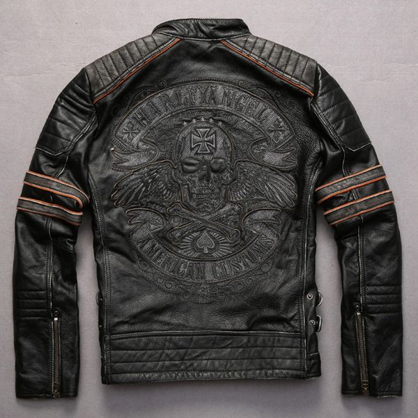 

embroidery skulls vintage cowskin motorcycle jacket contrast color sleeve fashion genuine leather jacket men punk biker jackets, Black