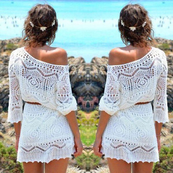 

womens lace hollow crochet swimwear bikini cover up mesh chiffon see-through beach dress solid sarongs ladies sexy, Blue;gray