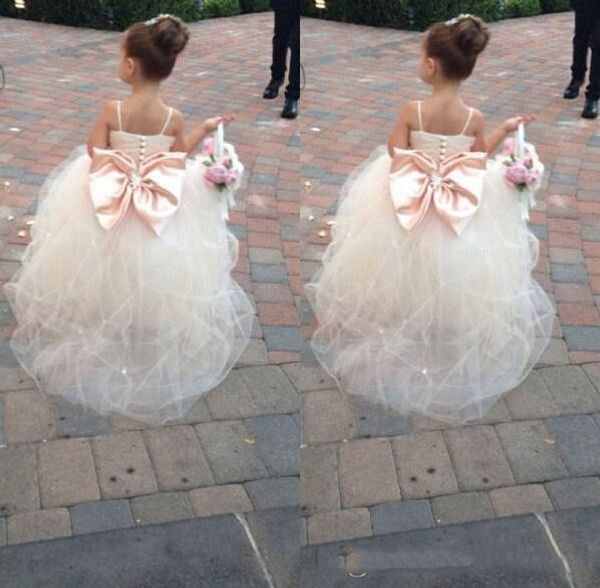 

spaghetti sleeveless flower girl dresses beaded bow sash white tulle kids ball gowns flower girls wedding dress girls formal party gown, White;blue