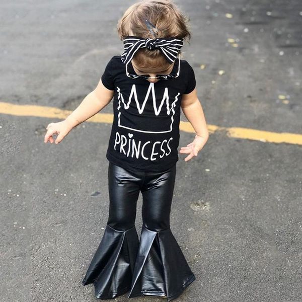 

summer baby girl clothing set short sleeve letter printed leather flare pants outfits black cool children clothes suits new, White