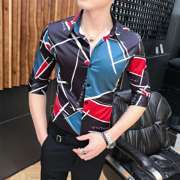 

men's casual shirts summer men printed shirt fashion 2021 half sleeve slim fit streetwear club prom tuxedo blouse homme 3xl, White;black