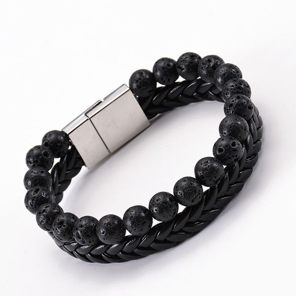 

natural volcanic stone essential oil yoga bracelet leather couple double row magnet buckle bracelet stacked bracelets, Black