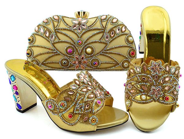 

popular gold women high heel shoes with big crystal and beads for dress african pumps match handbag set gfn1902,heel 9cm