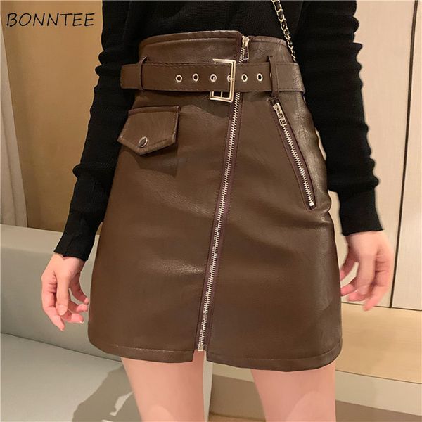 

skirts mini skirt womens skinny harajuku pu patchwork zippers with belt solid high waist a-line casual novelty chic, Black