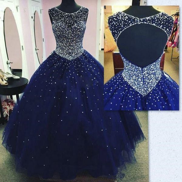 

dark blue prom dress modest sparkly quinceanera dresses masquerade 2019 sheer neck open back bling crystal pageant dresses for sweet 16, Black