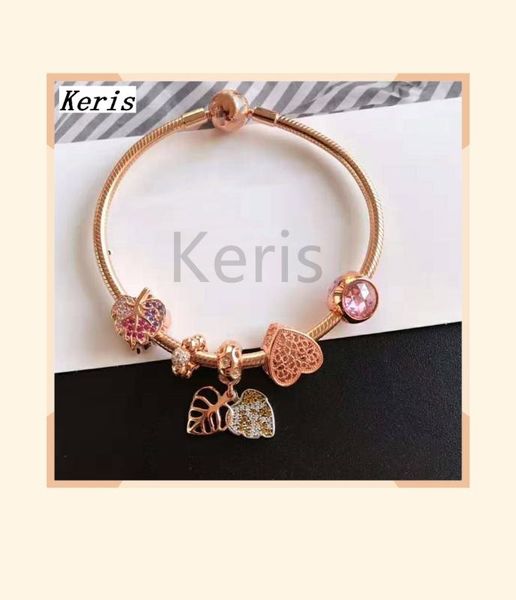 

100%925 silver 2019 rose gold leaf charm beads bracelet delivery, Golden;silver