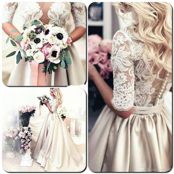 

new arrival v-neck satin a-line bride gowns vintage button half sleeve sweep train lace applique wedding bridal dress ing, White