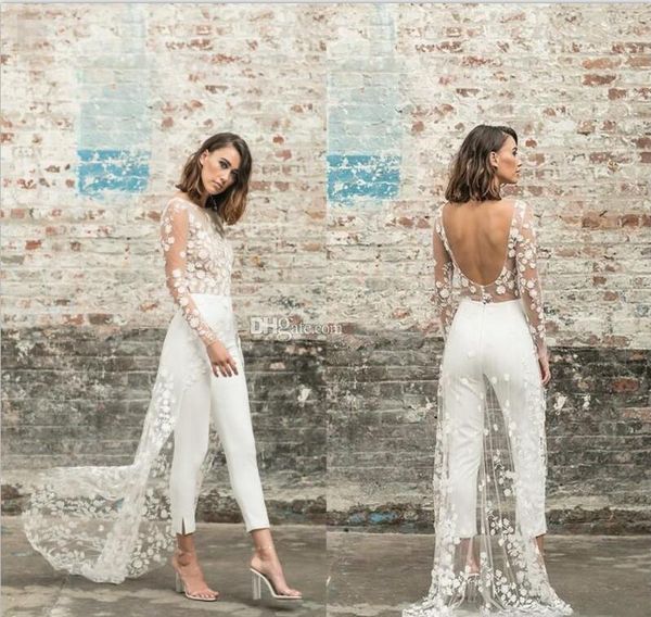 

2020 designer jumpsuit beach wedding dresses jewel neck long sleeve backless ankle length bridal outfit summer wedding gowns two pieces, White