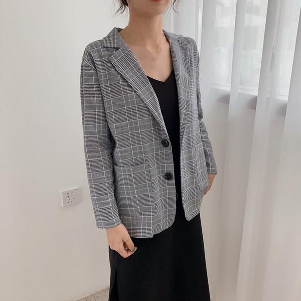 

womens loose slim blazer suit korean plaid coat jacket casual pocket outwear, White;black