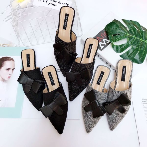 

fleece wool babouche women's shoes sweet bowtie outdoor slippers closed pointy toe mules chaussures femme flat heels pantoufle, Black