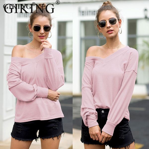 

giking casual loose v neck knitted sweater women pullovers streetwear long sleeve solid sweater 2019 autumn winter pink sweaters, White;black