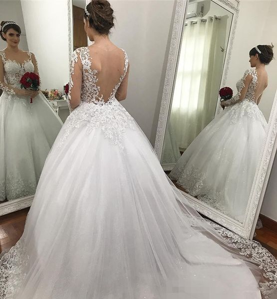 

long sleeves ball gown wedding dresses 2020 sequins lace applique illusion bodice chapel train custom made wedding gowns vestido de novia, White