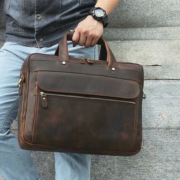 

briefcases vintage genuine leather 15.6'' lapbag crazy horse briefcase for mens business travel messenger bags
