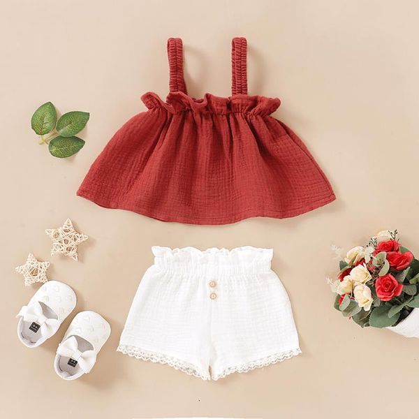 

2pcs summer clothes set infant baby girls strap vest solid suspender ruffles solid shorts causal cotton line outfits set, White
