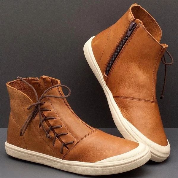 

women comfortable boots solid color ankle boots ladies soft pu leather lace up 2019 new women round toe flat, Black