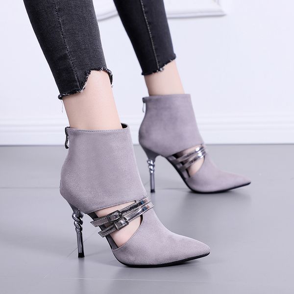

hollow out metal strap grey suede pointed ankle bootie designer high heels size 34 to 39 tradingbear, Black