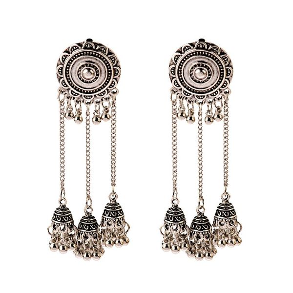 

round metal flower carved ethnic indian earring jewelry boho vintage big bells long tassel drop earrings for women, Silver