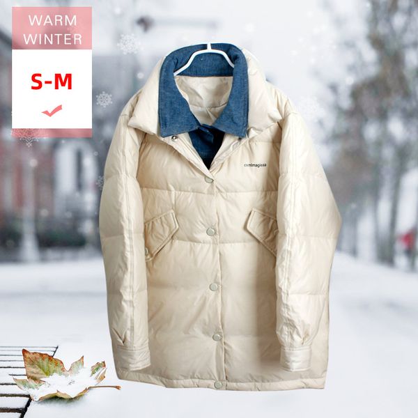 

fashion winter long thick white duck down jacket cowboy stitching female casual l oose feather coat warm outwear covered button, Black