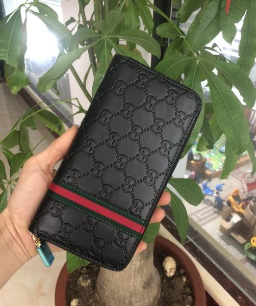 

wholesale 3 colors fashion single zipper designer men women leather wallet lady ladies long purse with brown box card 60017, Red;black