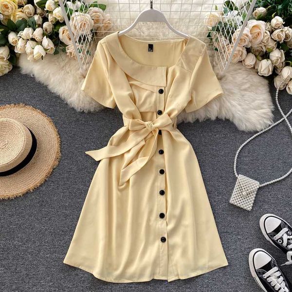 

fashion slim summer dress women office lady dresses 2020 casual button a-line short sleeve dress yellow clothing, White;black