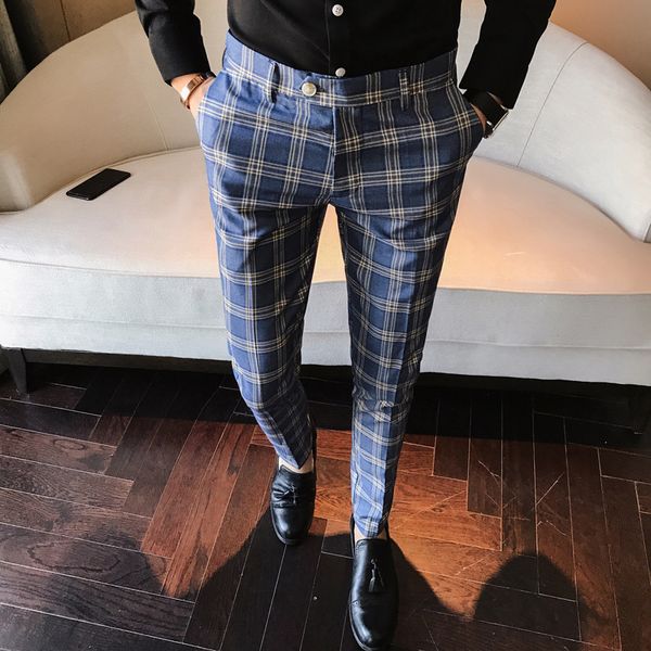

men fashion dress pant plaid business casual slim fit pantalon a carreau homme classic vintage check suit trousers wedding pants, Black