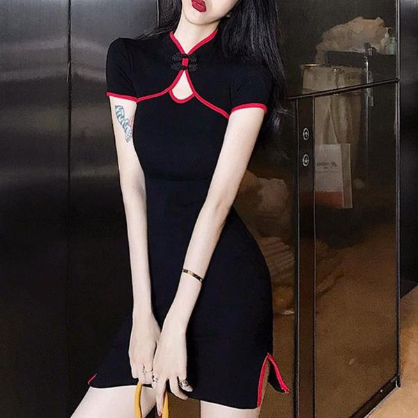 

rosetic vintage women gothic dress bodycon hollow split pullover stripe mini short dresses cheongsam summer fashion, Black;gray