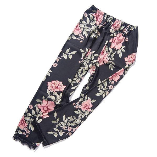 

new fashion women high waist elastic pants solid color lace silk satin pajamas ladies casual loose sleepwear loungewear homewear, Black;red