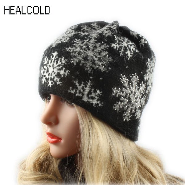 

healcold winter thick knitted fur hats for women jacquard snowflake ski cap skullies diamond beanies, Blue;gray