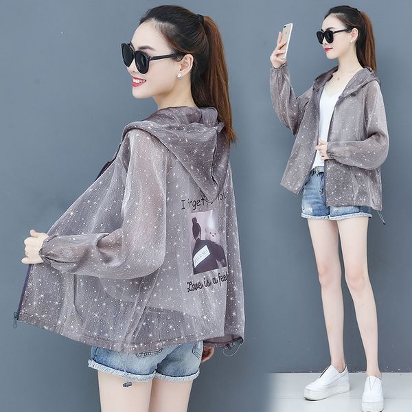 

women's sequin jacket summer 2019 new large size 3xl wild sun protection shirt thin section casual fashion jacket female c107, Black;brown