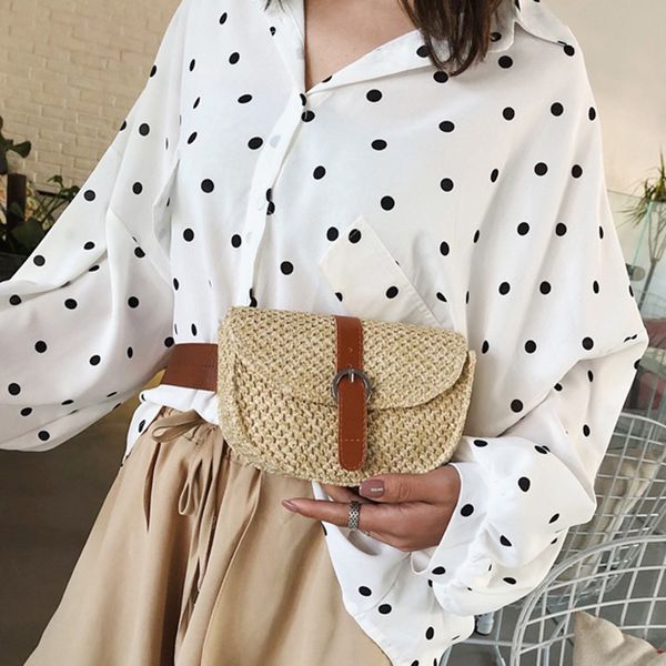 

women's bohemian straw fanny pack fashion holiday beach shoulder messenger saddle bag waist pack bags khaki pink chest belt bag