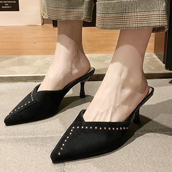 

2020 women slippers women's pointed toe flock elegant slides woman thin heels female spring footwear high heels women's shoes, Black