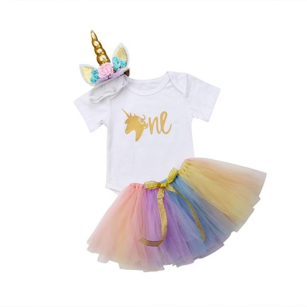 

3pcs girls unicorn tutu dress rainbow princess girls birthday party dress children kids halloween costume romper+dress+headband, White