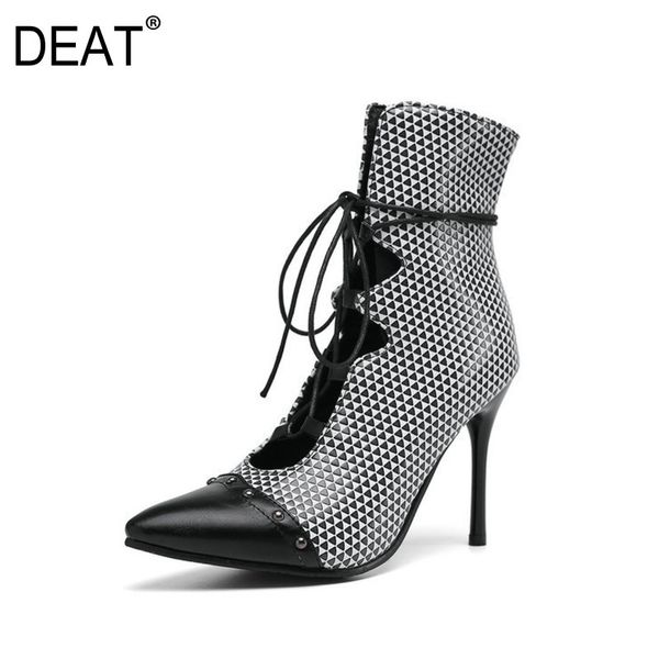 

deat] 2020 sharp toe hollow out cross band pu leather shoes women thin heels short cool boots new autumn winter fashion 10f602, Black
