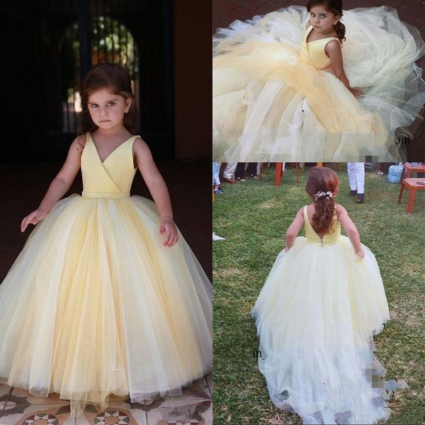 Новые дешевые светло -желтые цветочные платья принцессы v Sect Satin Tuleless Open Back Back Длинное день рождения.
