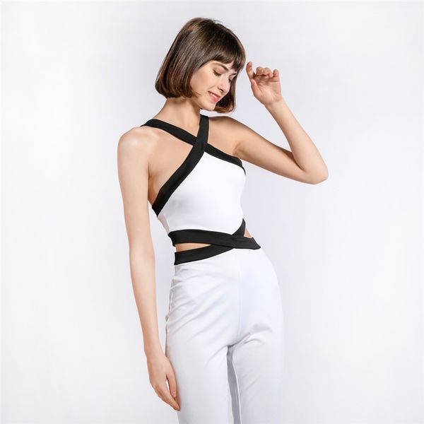 

hollow patchwork jumpsuit women jumpsuit spaghetti straps romper overalls macacao womens combinaison femme, Black;white