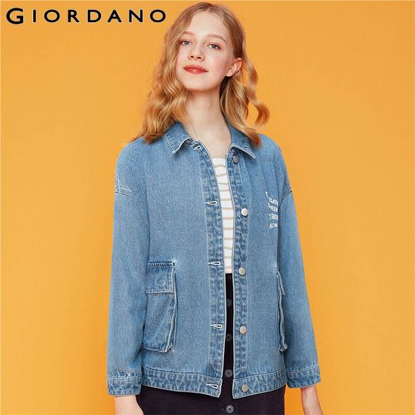 

giordano women jackets 100% cotton turn-down collar denim jacket flap pockets printed letters casaco feminino 96379678, Black;brown
