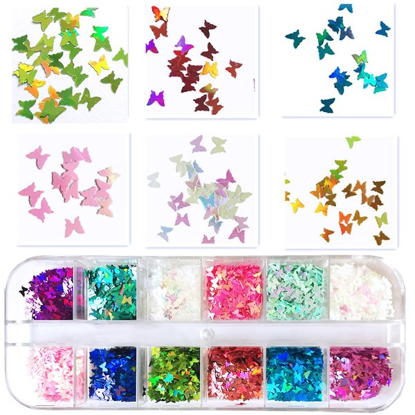 

1 box бабочки nail хлопья блестки смешанные цвета зеркало для ногтей блестки paillette блестит порошок 3d ломтики diy украшения искусства, Silver;gold