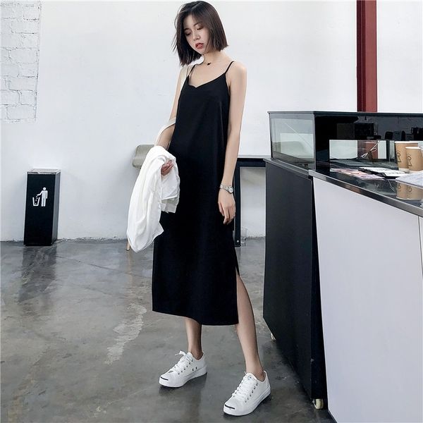 

women maxi dress black sling dress female summer 2019 sleeveless v-neck vest long women dresses, Black;gray