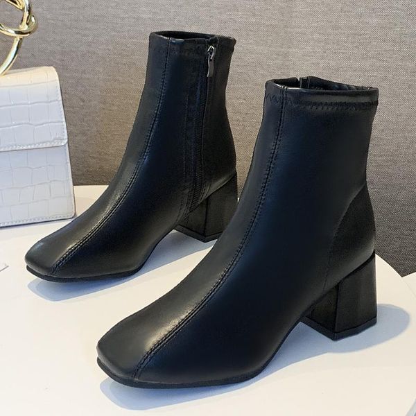 

women's ladies solid square heels casual single shoes short boots, Black