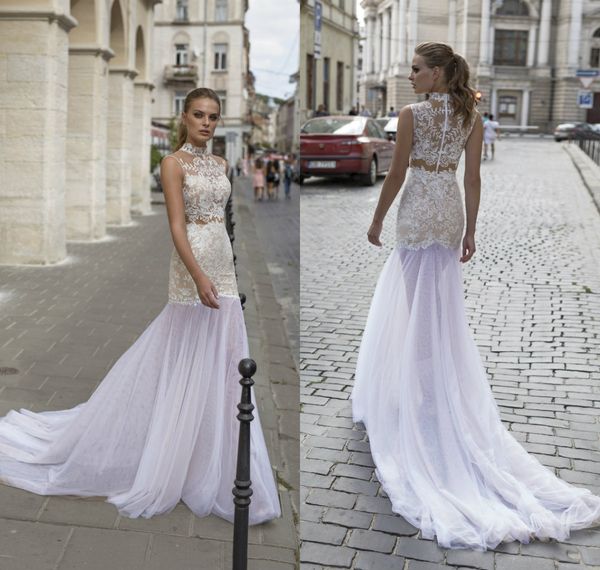 

2019 riki dalal mermaid wedding dresses high neck sleeveless lace appliqued sweep train beach wedding dress custom made bridal gowns, White