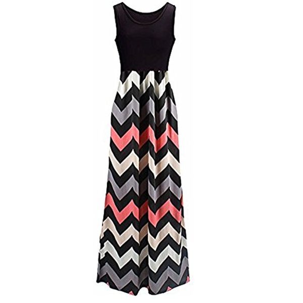 

womens scoop neck wave striped tank maxi long dress, Black;gray