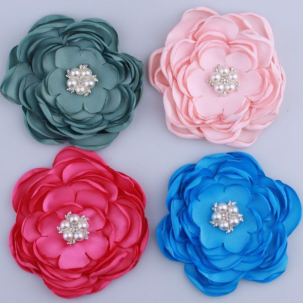 

120pcs 9.2cm new satin fabric burned flowers with rhinestone pearl for hair accessories chiffon flower for headbands clothes, Slivery;white