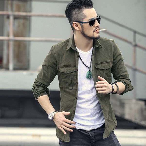 

spring new men's casual shirt formal fashion long sleeve brand business army green men slim fit uniform shirt s2139, White;black