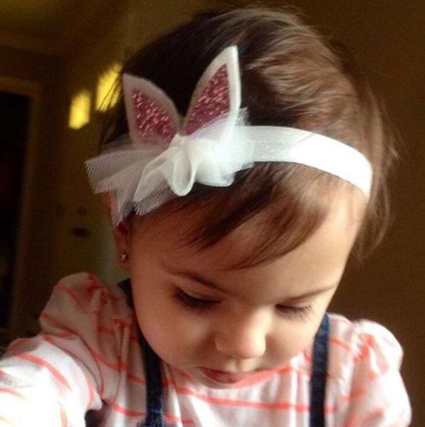 

new korean version of cute children's hair with hair ball sequins mesh yarn rabbit ear headband package wholesale headdress, Slivery;white
