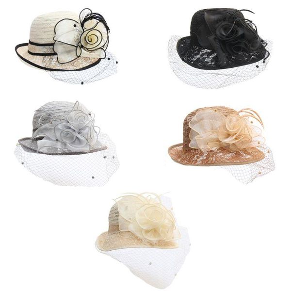 

женщины ретро церковь derby кружево клош элегантного mesh veil цветочного roll up бреет солнцезащитные складный свадебный чародей cap dechs, White