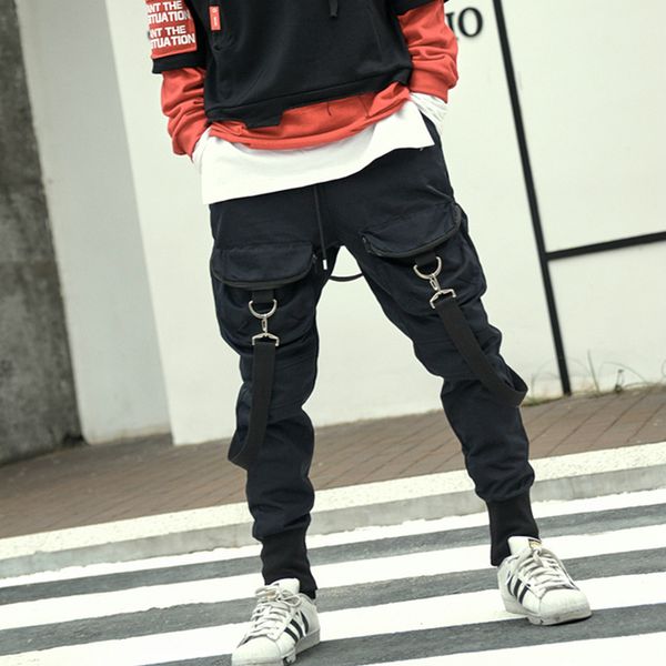 

men hip hop cargo pants streetwear harajuku joggers sweatpants 2020 spring autumn tactical pants pockets ribbons track trousers, Black