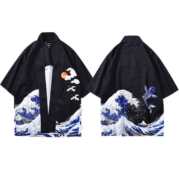

mr.1991inc samura wave fish print japanese style asian clothes fashion men kimono clothing cardigan jacket white black 2 colors