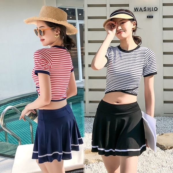 

xiaoxiangfeng women's sports conservative navy split skirt striped bikini swimsuit bikini two-piece spring swimsuit, White;black