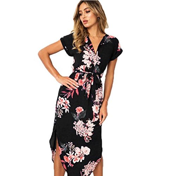 

lepeng womens dresses summer casual v-neck floral print belted dress, Black;gray