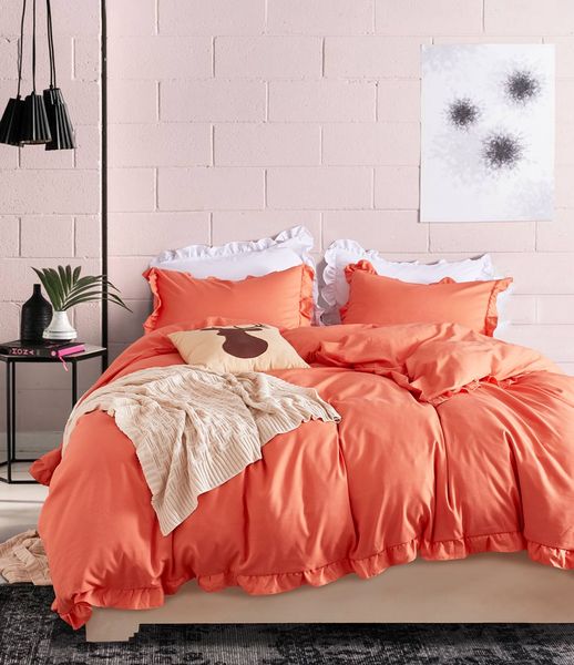 

novelty holiday gift solid orange color flounced bedding duvet cover set+pillow case sham us twin  king size